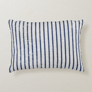 Rustic Grey Linen & Navy Blue Stripes Pattern Accent Pillow
