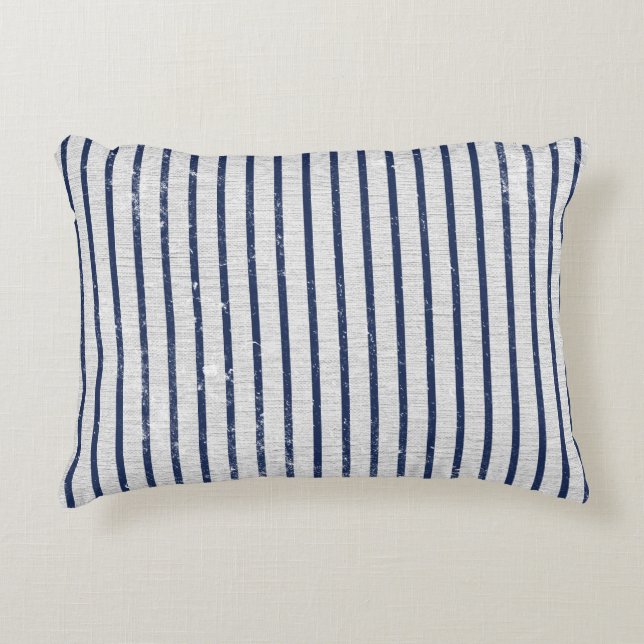 Rustic Grey Linen & Navy Blue Stripes Pattern Accent Pillow (Front)