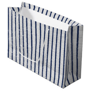 Rustic Grey Linen & Navy Blue Stripes Pattern Large Gift Bag
