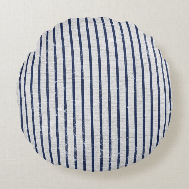 Rustic Grey Linen & Navy Blue Stripes Pattern  Round Pillow (Front)