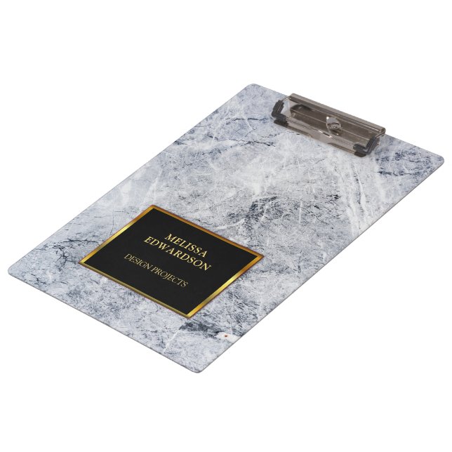 Rustic grey marble black gold monogrammed clipboard (Angled)