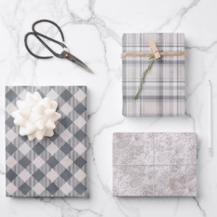 Rustic Grey Plaid and Three Matching Pattern Wrapping Paper Sheet