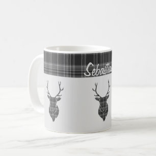 Rustic Grey Tartan Pattern And Stag Head Antler Coffee Mug