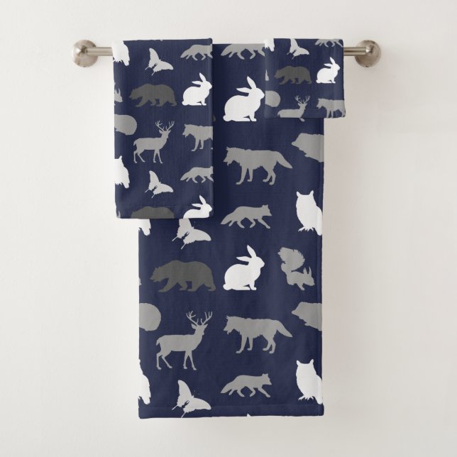 Rustic Grey Tones Woodland Creatures & Navy Blue Bath Towel Set (Insitu)