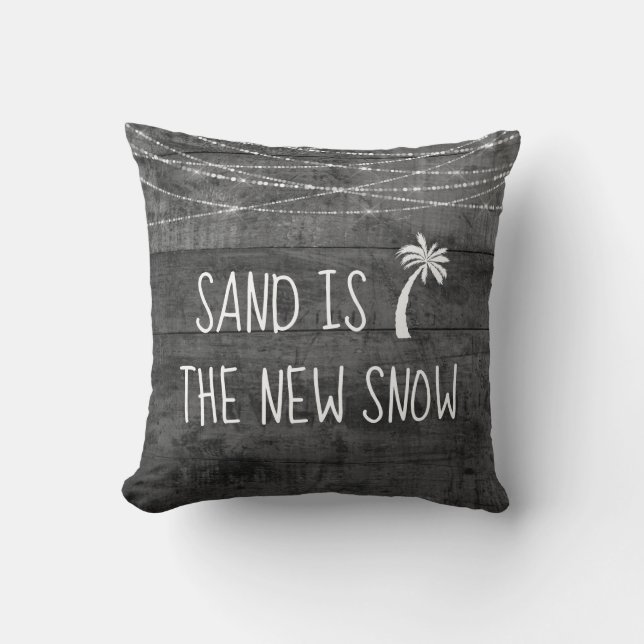 Rustic Grey Tropical Sand is New Snow Palm Tree Throw Pillow (Front)