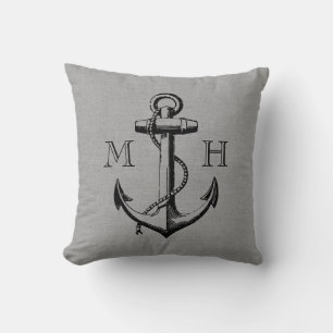 Rustic Grey Vintage Anchor Wedding Monogram Throw Pillow