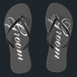 Rustic grey wedding flip flops for bride and groom<br><div class="desc">Rustic wedding flip flops for groom and bride or guests. Custom strap colour for him and her / men and women. Customizable grey / grey background colour and personalizable with name initials ormonogram. Modern black and white his and hers wedge sandals with stylish script calligraphy typography. Cute party favour for...</div>