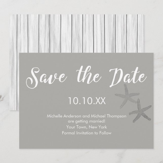 Rustic Grey White Beach Starfish Save the Date Invitation (Front/Back)