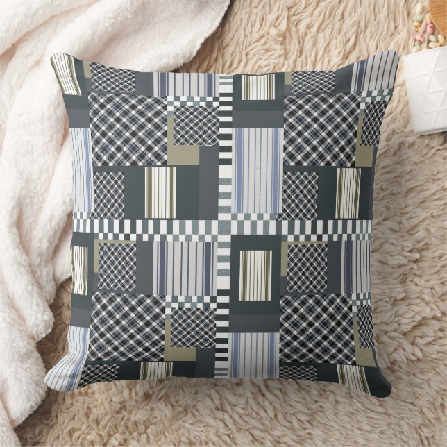 Rustic Grey White Plaid Patchwork Pattern Throw Pillow (Blanket)