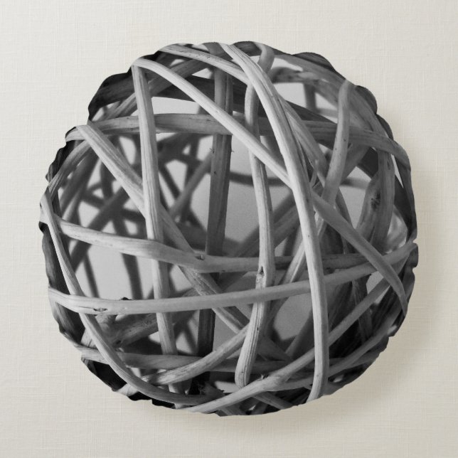 Rustic Grey Wicker Ball Round Pillow (Front)