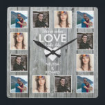 Rustic Grey Wood 12 Photo Collage Anniversary Love Square Wall Clock<br><div class="desc">Personalized photo collage clock with the love quote- "This is what love looks like". Makes an unique gift for wedding anniversary, valentines day and holidays.</div>