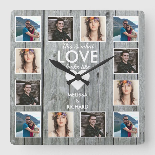 Rustic Grey Wood 12 Photo Collage Anniversary Love Square Wall Clock (Front)