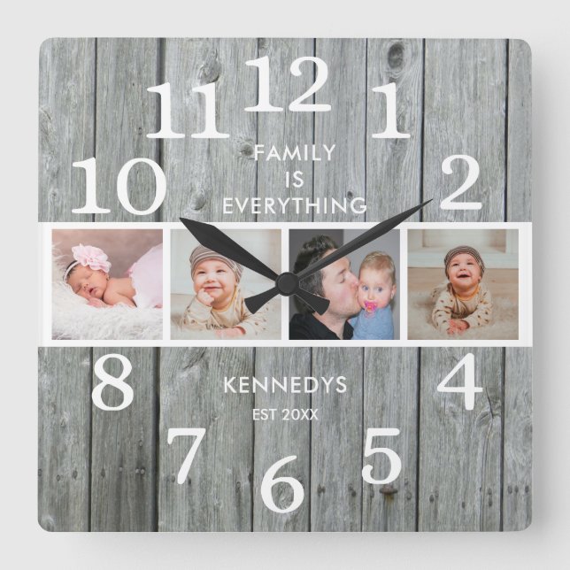 Rustic Grey Wood 4 Photo Family Quote Farmhouse Square Wall Clock (Front)