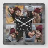 Rustic Grey Wood 4 Pictures Family Photo Collage Square Wall Clock (Front)