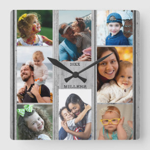 Rustic Grey Wood 8 Photo Collage Family Name Square Wall Clock
