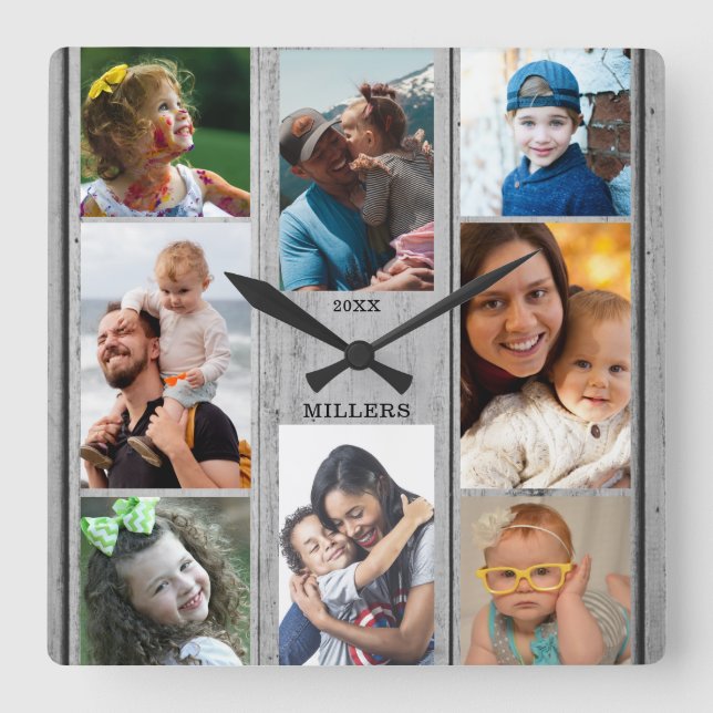 Rustic Grey Wood 8 Photo Collage Family Name Square Wall Clock (Front)