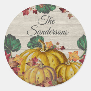 Rustic Grey Wood Autumn Orange Pumpkin Fall Leaves Classic Round Sticker