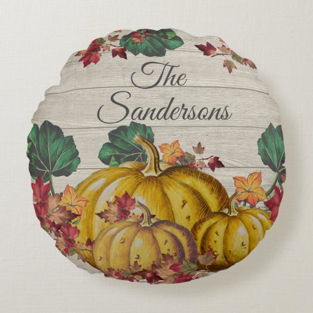 Rustic Grey Wood Autumn Orange Pumpkin Fall Leaves Round Pillow (Front)