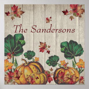 Rustic Grey Wood Autumn Orange Pumpkins Fall Leave Poster