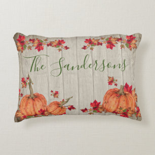 Rustic Grey Wood Autumn Pumpkins Fall Leaves Acc Accent Pillow