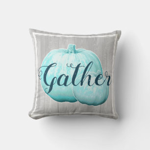Rustic Grey Wood & Blue Pumpkins Gather Script Throw Pillow