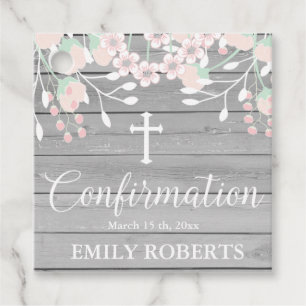 Rustic grey wood blush floral confirmation favour tags