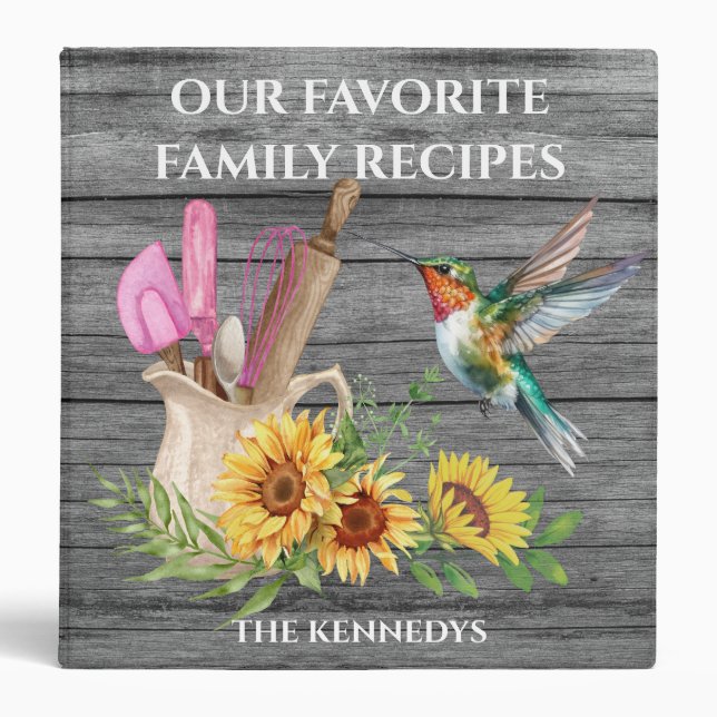 Rustic Grey Wood Cookbook Hummingbird Sunflower Binder (Front)