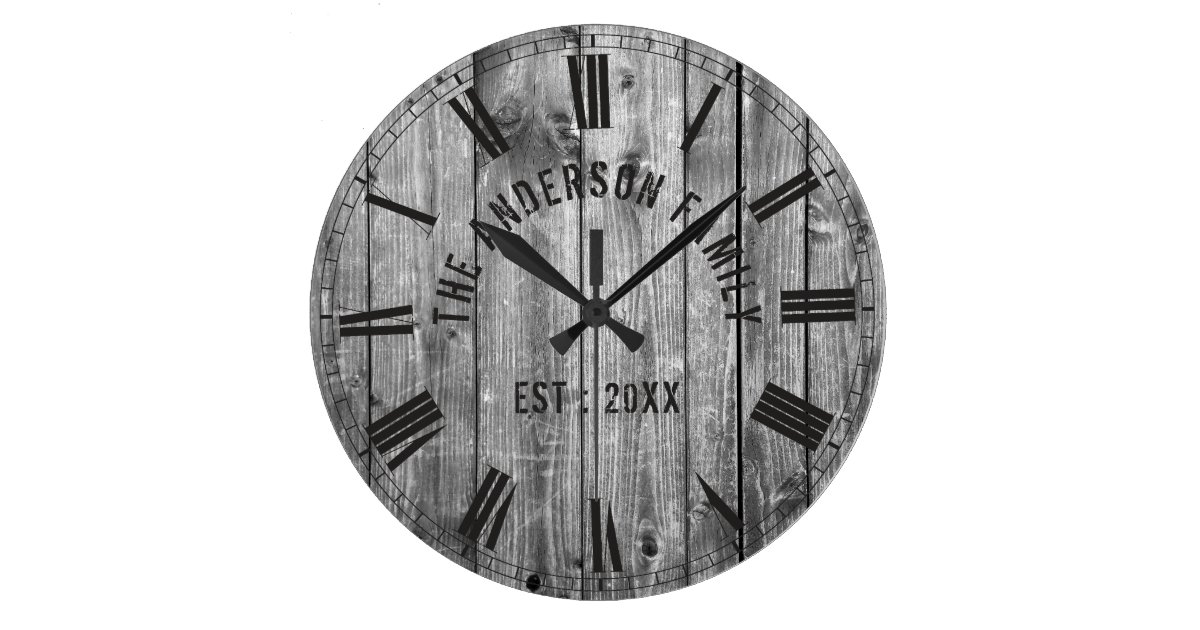 Rustic Grey Wood Custom Family Name Farmhouse Large Clock Zazzle Ca - Wood Plank Wall Art Collection Oversize White Rustic Clock