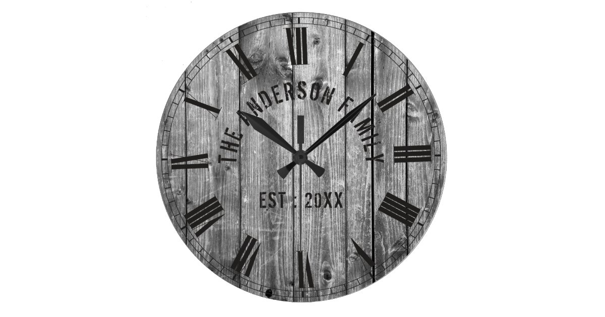 Rustic Grey Wood Custom Family Name Farmhouse Large Clock Zazzle Ca - Wood Plank Wall Art Collection Oversize White Rustic Clock Rustic Grey Wood Custom Family Name Farmhouse Large Clock Zazzle Ca - Wood Plank Wall Art Collection Oversize White Rustic Clock