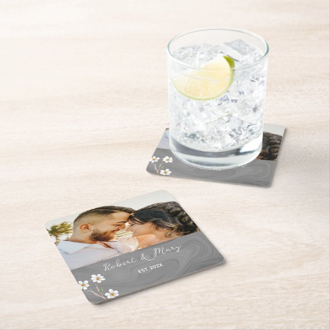 Rustic Grey Wood Custom Photo Wedding Coaster (Insitu)
