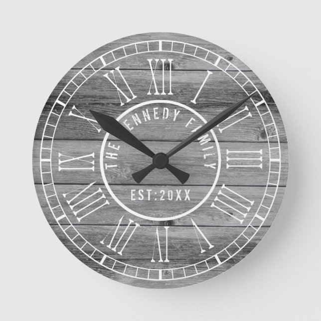 Rustic Grey Wood Family Name White Roman Numeral Round Clock (Front)