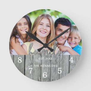 Rustic Grey Wood Family Typography Photo Round Clock