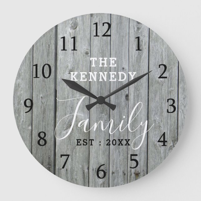 Rustic Grey Wood Farmhouse Family Name Large Clock (Front)