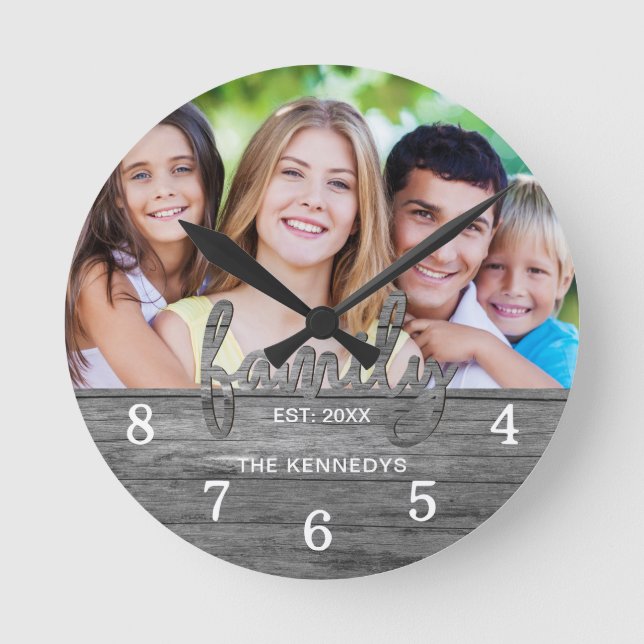 Rustic Grey Wood Farmhouse Family Name Photo  Round Clock (Front)