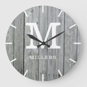 Rustic Grey Wood Farmhouse Monogram Name Large Clock