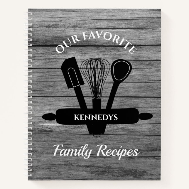 Rustic Grey Wood Favourite Family Recipes Cookbook Notebook (Front)