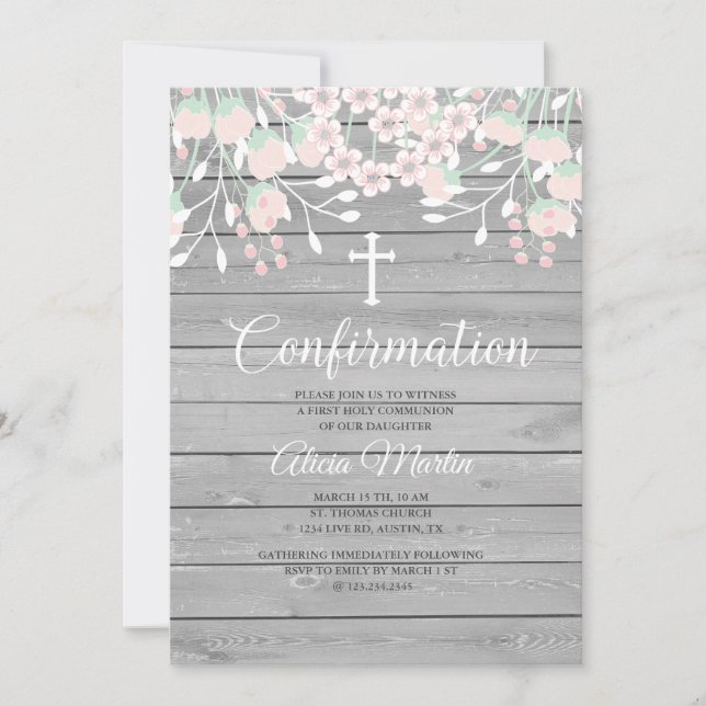Rustic Grey wood floral confirmation invitation (Front)