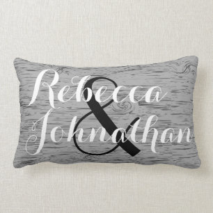 Rustic Grey Wood Grain Monogram Wedding Lumbar Pillow