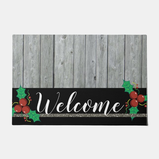 Rustic Grey Wood Holiday Welcome Doormat (Front)