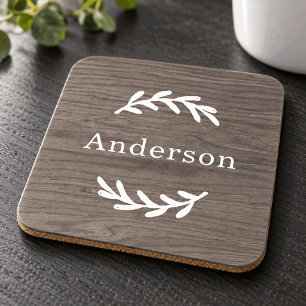 Rustic Grey Wood Laurel Monogram Name Coaster