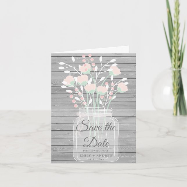 Rustic grey wood mason jar save the date photo invitation (Front)