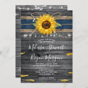 Rustic Grey Wood Navy Blue Lace Sunflower Wedding Invitation