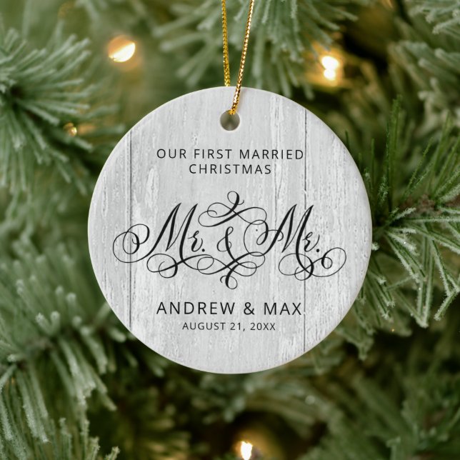 Rustic Grey Wood Personalized Mr & Mr Gay Wedding Ceramic Ornament (Tree)