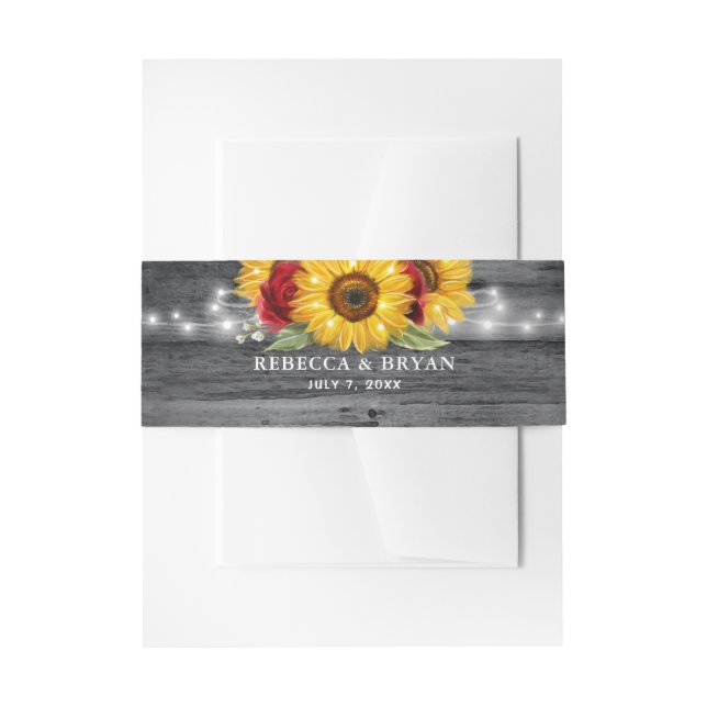 Rustic Grey Wood Sunflower and Red Rose Wedding Invitation Belly Band (Front Example)