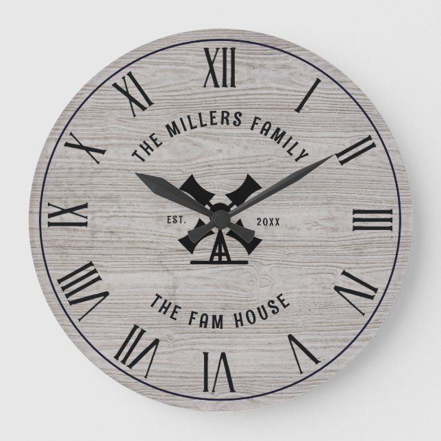Rustic Grey Wood Texture Fam House Roman Numerals Large Clock (Front)