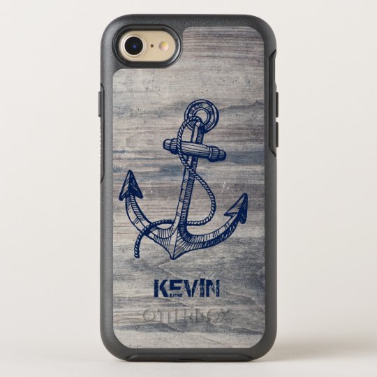 Rustic Grey Wood Texture Midnight Blue Boat Anchor OtterBox Symmetry iPhone 7 Case
