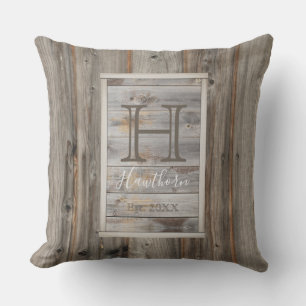 Rustic Grey Wood Tone Monogram Rectangle Outdoor Pillow