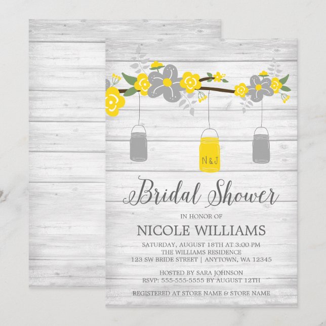 Rustic Grey Yellow Mason Jar Branch Bridal Shower Invitation (Front/Back)