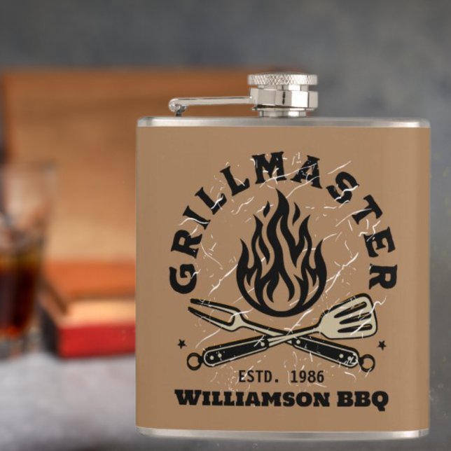 Rustic GRILLMASTER custom Vinyl Wrapped Flask (Close up Grill Master graphic flask with a gray background and a tray. )