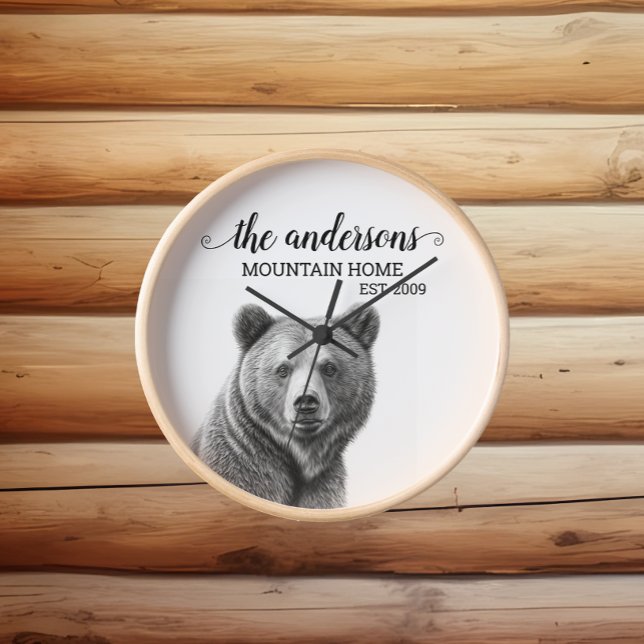 Rustic Grizzly Bear Cabin Decor Monogram  Clock (Creator Uploaded)